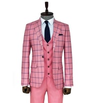 Ekose Ceketli Slim Fit Pembe Erkek Kombinli Takım Elbise - Wessi (Bordo)
