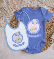BK Kids Kişiye Özel İsimli Mavi %100 Pamuklu Kısa Kol Bebek Body Zıbın ve Mama Önlüğü Hediye Seti-8