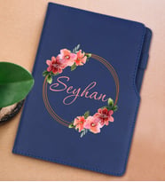 BK Gift Kişiye Özel Çiçek Tasarımlı Lacivert Termo Deri Not Defteri 15x21cm-18