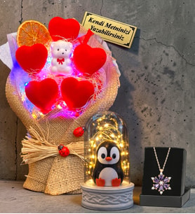 Kişiye Özel Renkli Işıklı Kalp Buketi, Lotus Kolye ve Led Işıklı Penguen Fanus Seti