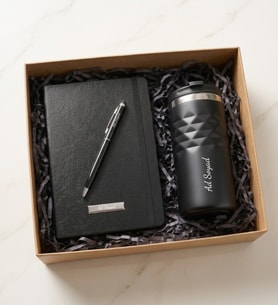 Kişiye Özel Geometrik Siyah Termos & Touchpen Kalem & Siyah Defter Hediye Seti