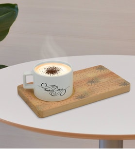 BK Gift Kişiye Özel Modern Art Tasarımlı Doğal Ahşap Tabaklı Seramik Fincan Sunum Seti  Model 6