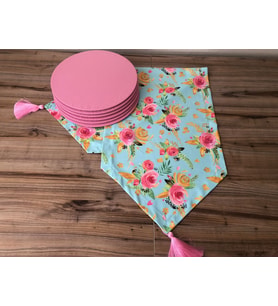 MİNT ZEMİN ÜZERİNE PEMBE GÜL DESENLİ RUNNER &SUPLA (Krem)