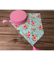 MİNT ZEMİN ÜZERİNE PEMBE GÜL DESENLİ RUNNER &SUPLA (Krem)
