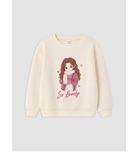 LCW Kids Ekru Baskılı Kız Çocuk Kalın Sweatshirt