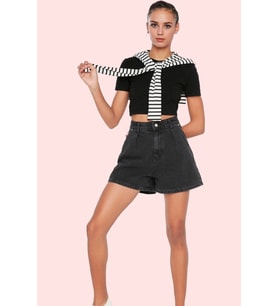 Kadın Denim Şort Yüksek Bel City Short Boru Paça Pamuklu Yaz Aylarının Vazgeçilmezi Günlük Kullanım (Siyah)