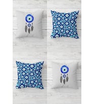 Naza Boncuğu Dream Catcher Nazarlık Gizli Fermuarlı Kırlent Kılıfı Koltuk Yastık Kılıfı Takım(4adet) (Mavi - Açık Gri)