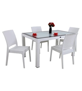 Mandella Elit Rattan 90x150 4 kişilik Elit Sandalye Camlı Masa Takımı Beyaz