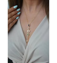 Renkli Taşlı Y Model Çelik Kadın Kolye (Altın)