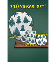 Yılbaşı Temalı 3'lü Bilek Destekli Mousepad Kupa ve Bardak Altlığı Seti