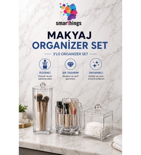 3'lü Şeffaf Akrilik Makyaj Organizer Seti, Fırçalık ve Kozmetik Düzenleyici