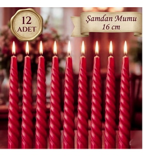 12 Adet Kıvrımlı Şamdan Mumu Kırmızı 16 cm  Dekoratif Uzun Mum Seti