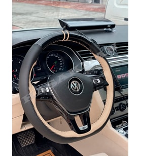 Vw Golf 7 Dikme Direksiyon Kılıfı Parlak Siyah Bej Detaylı Bej Çift Yüzük ve Dikiş 2012-2017