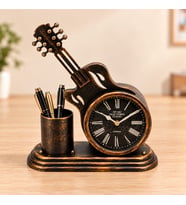 Dekoratif Metal Gitar Tasarımlı Kalemlikli Retro Masa Saati Müzik Tutkunlarına Hediye C1864