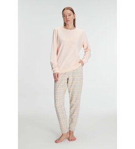 Kadın Somon Uzun Kollu Ekose Desenli Pijama Takımı (Renksiz)
