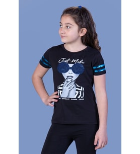 Toontoy Kız Çocuk Baskılı Taş İşlemeli Arkası Tül Detaylı Tişört (Siyah)
