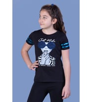 Toontoy Kız Çocuk Baskılı Taş İşlemeli Arkası Tül Detaylı Tişört (Siyah)