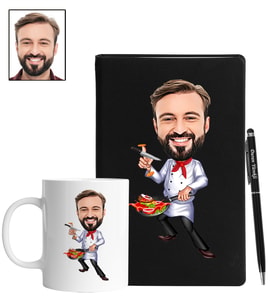 Kişiye Özel Aşçı Tasarımlı Karikatür Siyah Defter Kalem Kupa Seti 74
