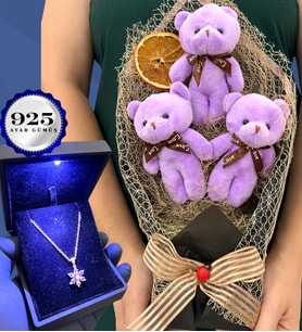 Büyük Boy Peluş Ayıcık Buketi ve Işıklı Kutusunda 925 Ayar Gümüş Lotus Kolye (Model 2)