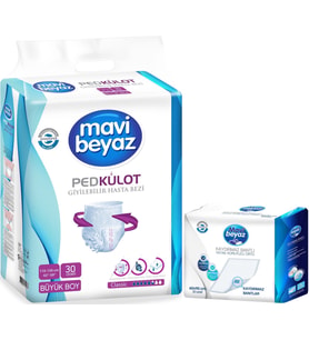 Mavi Beyaz Ped Emici Külot Hasta Bezi L - Large Büyük 30 Adet + Yatak Koruyucu Örtü 60*90CM 30 Adet
