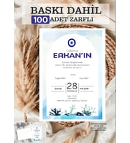 100 adet Baskı ve Zarf Dahil Sünnet Davetiyesi Baskılı Zarflı Davetiye Nazar