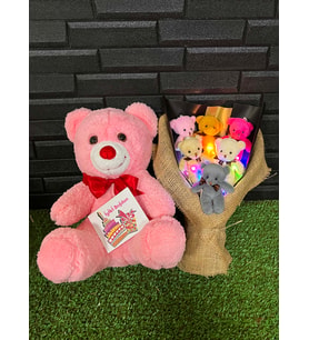 Kiza Dogum Gunu Hediyesi 35cm Pembe Ayıcık ve Rengarenk Işıklı 6lı Ayıcık Buketi
