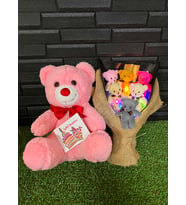 Kiza Dogum Gunu Hediyesi 35cm Pembe Ayıcık ve Rengarenk Işıklı 6lı Ayıcık Buketi