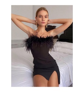 Siyah Malibu Tüy Det.Strap.Mini Yırtmaçlı Elbise