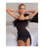 Siyah Malibu Tüy Det.Strap.Mini Yırtmaçlı Elbise
