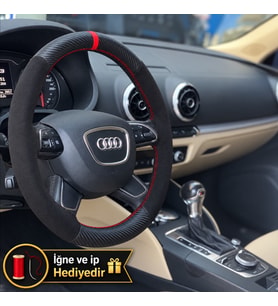 Audi A6 C7 Dikme Direksiyon Kılıfı Alcantara Süet Mat Karbon Kırmızı Yüzük ve Dikiş 2011-2018