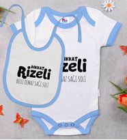 BK Kids Dikkat Rizeli Tasarımlı Mavi Bebek Body Zıbın ve Mama Önlüğü Hediye Seti-1