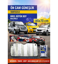 Oto Ön Cam Güneşlik Vantuzlu 145x70 cm Nikel Büyük Boy Minibüs Taksi SUV Jeep Araç Güneşliği