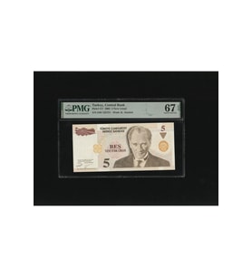 Beş Yeni Türk Lirası 5 YTL P217 2005 PMG 67 EPQ SUPERB GEM UNC S/N D89 125721 8. EMS 1. Tertip