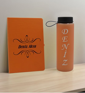BK Gift Kişiye Özel İsimli Turuncu Defter ve Somon Cam Matara Hediye Seti-7, Sevgiliye Hediye, Arkadaşa Hediye, Yeni İş Hediyesi