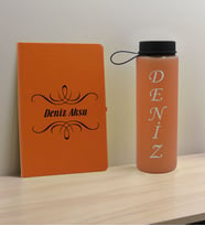 BK Gift Kişiye Özel İsimli Turuncu Defter ve Somon Cam Matara Hediye Seti-7, Sevgiliye Hediye, Arkadaşa Hediye, Yeni İş Hediyesi