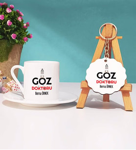 Göz Doktoru Türk Kahvesi Fincanı Beyaz ve Anahtarlık