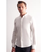 Ekru Uzun Kol Düğmeli Yaka Kendinden Desenli Pamuklu Slim Fit Gömlek 1004255267