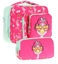 Kaukko Kids Kız Çocuk Kırmızı Yeşil Flamingo Desenli Üç Bölmeli Thermo Beslenme Çantası ve Kalemlik Seti (L7235+L8235)