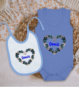 BK Kids Kişiye Özel İsimli Mavi %100 Pamuklu Askılı Sıfır Kol Bebek Body Zıbın ve Mama Önlüğü Hediye Seti-13