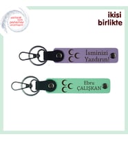 Üç Hilal Deri Anahtarlık Seti x2 – İsim Eklenebilen Hatıra Hediye, Mor Menekşe-Yeşil