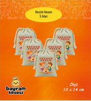 Bayram Harçlık Kesesi 5'li – Baskılı Ham Bez Bayram Kesesi, Çocuklar İçin Bayram Hediyesi  Model-6