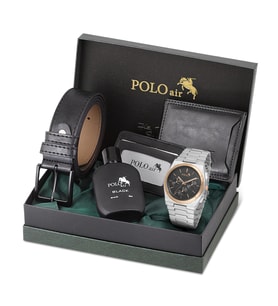Polo Air Erkek Kol Saati Cüzdan Kemer Kartlık Parfüm Set Kombin Gümüş Siyah Bakır Renk PL-0999E6 (Gri-Bakır)