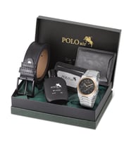 Polo Air Erkek Kol Saati Cüzdan Kemer Kartlık Parfüm Set Kombin Gümüş Siyah Bakır Renk PL-0999E6 (Gri-Bakır)