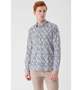 Açık Bej Uzun Kollu Baskılı Garnili Pamuklu Casual Slim Fit Dar Kesim Gömlek 1004240211