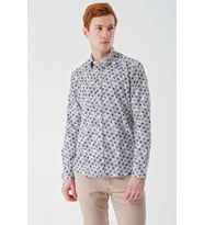 Açık Bej Uzun Kollu Baskılı Garnili Pamuklu Casual Slim Fit Dar Kesim Gömlek 1004240211