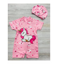 Kız Çocuk Pembe Unicorn Desenli Tam Vücud  Mayo .Bone Dahildir