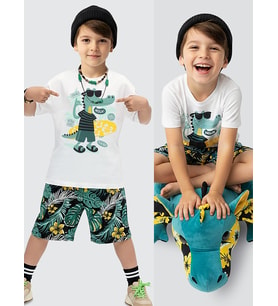 Erkek Çocuk Takım Timsah Hawaii Baskılı T-Shirt Şort İkili Takım Yazlık 2-8 Yaş (Beyaz)