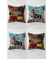 Patchwork Evler Desenli Gizli Fermuarlı Kırlent Kılıfı Koltuk Yastık Kılıfı Takım(4adet)