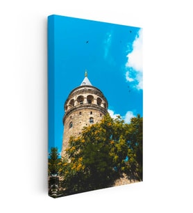 Dikey Kanvas Tablo Galata Kulesi ve Yeşil Ağaçlar Şehir Mimari Tablo Ev Ofis Duvar Dekoru