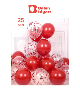 25 Adet Kırmızı, Şeffaf Konfetili Lateks Helyum Balon Seti